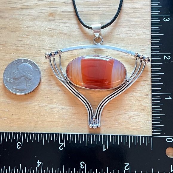 New Large Unique Orange Sardonyx Agate Silver Overlay Stone Pendant Necklace - Picture 8 of 9